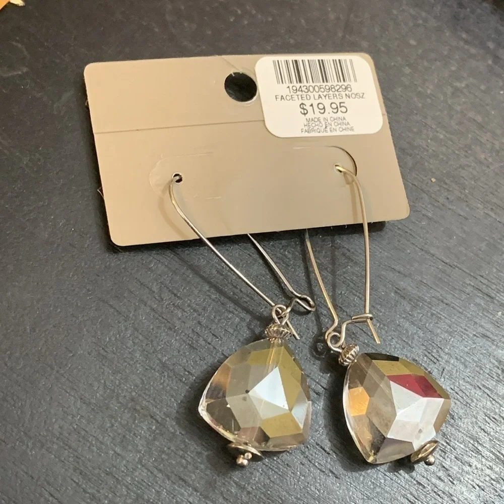 Chico’s | NWT Long Drop Smoky Faceted Stone Drop Dangle Silver Tone Earrings